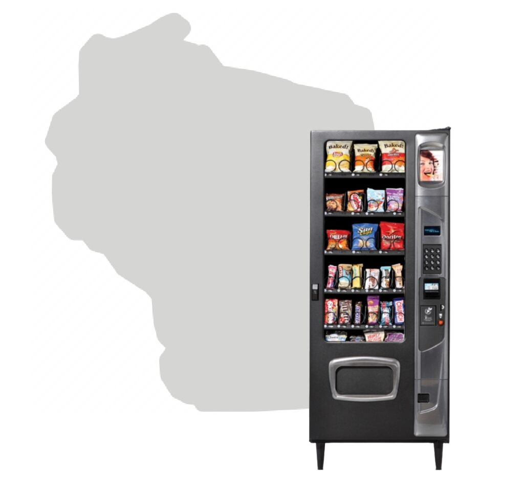 map of Wisconsin with PBS Vending machine in front.